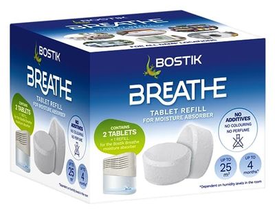 Bostik Breathe Dehumidifier Refill Tablets, Dye-Free and Fragrance-Free, Cover Areas Up to 25m2, for Use Around The Home and in Caravans and Motorhomes, Last up to 4 Months (Pack of 2)
