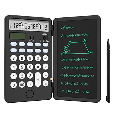 NEWYES Calculatrice de Base Rechargeable Améliorée avec Bloc-Notes de 6,5 Pouces, Calculatrice Standard de Poche à 12 Chiffres Fonction 2 en 1 Portable pour l'école de Bureau (Noir)