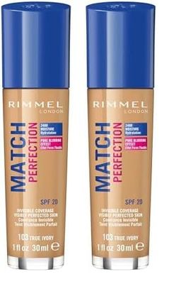 Rimmel London Match Perfection Foundation Base de Maquillaje Tono 103 True Ivory, 30 ml (Paquete de 2)
