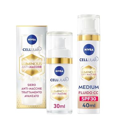 NIVEA Luminous630 Routine, Cofanetto Set Skincare con Siero Viso Trattamento Avanzato 30 ml e Fluido CC Cream SPF 30 3-in-1 Medium 40 ml per la cura completa delle macchie – Kit Esclusiva Amazon