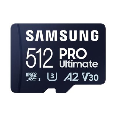 Samsung PRO Ultimate microSD memory card, 512 GB, UHS-I U3, 200 MB/s read, 130 MB/s write, incl. SD adapter, for smartphone, drone or action cam