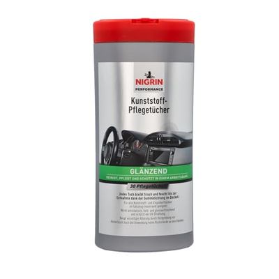 NIGRIN Plastic care wipes, glossy, cleaning, protection and care of the vehicle interior, for plastic and vinyl surfaces, tear-resistant, glossy and colour refreshing, anti-static, fresh pack, 30 x