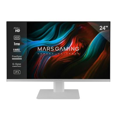 Mars Gaming MV-24, Monitor 24’ IPS FHD 120Hz, HDR10 1ms, FreeSync and G-SYNC, PC Monitor with Built-in Speakers, 25° Tilt, Low Blue Light and Flicker Free, HDMI + DisplayPort + 3.5mm Jack, White