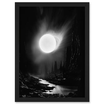 Artery8 Solar Flares Dramatic Fantasy Landscape Black and White Surreal Hades Underworld Artwork Framed Wall Art Print A4