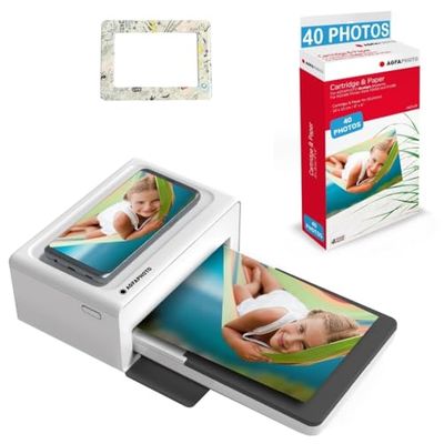 AGFA Photo Realipix Moments Printer Pack + cartucce e carta per 40 foto + graziosa cornice magnetica - Stampa fotografica Bluetooth 10x15 cm, iOS e Android, sublimazione termica 4Pass - Bianco