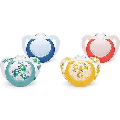 NUK Star Baby Dummy | 18-36 meses | Chupetes de silicona sin BPA | Pájaros azules | 2 unidades & Chupete Star Baby | 18-36 meses | Chupetes de silicona sin BPA | Flores amarillas | 2 unidades