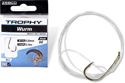 Zebco Kwaliteits Trophy Wurm voorwaaier haak vishaak met voorvak voorgebonden vislijn hengel accessoires, zilver, 1/0