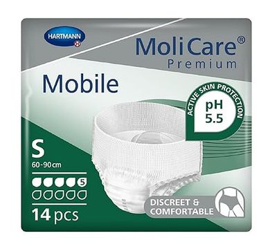 MoliCare Premium mobiele wegwerpbroek: discrete toepassing bij incontinentie voor vrouwen en mannen; 5 druppels, maat S (60-90 cm heupomtrek), 14 stuks
