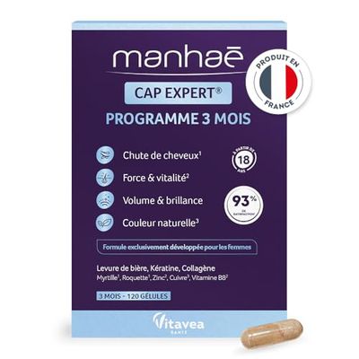 Manhaé - Cap Expert - Complément alimentaire - Chute de cheveux, force, volume, brillance - Biotine (vitamine B8), levure de bière, kératine, collagène, minéraux - 120 gélules - Fabriqué en France