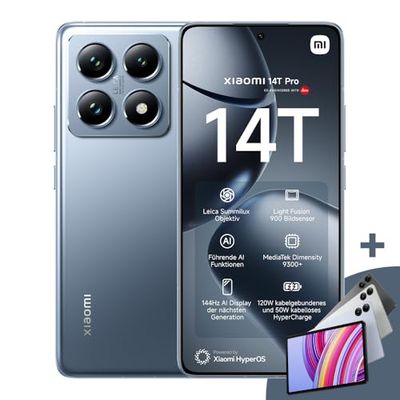 Xiaomi 14T Pro (smartfon), wyświetlacz 6,67 cala, 144 Hz Next-Generation AI, MTK 9300+, Leica Summilux, AISP, obsługuje HyperCharge 120W i 50W, bezprzewodowy, 3,4 GHz, 12 GB + 512 GB, Titan Blue