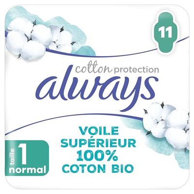 Always Cotton Protection Normal Serviettes Avec Ailettes X11, Voile Supérieur 100% Coton Biologique