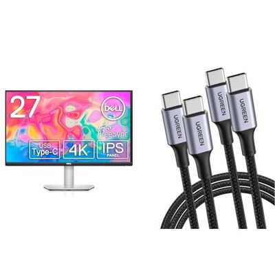 Dell S2722QC USB-C 27 Inch 4K UHD (3840x2160) Monitor, 60Hz, IPS, 4ms, AMD FreeSync, 99% sRGB, HDR & UGREEN 2 Pack USB C to USB C Charger Cable 100W 65W USB C Fast Charger Cable Compatible