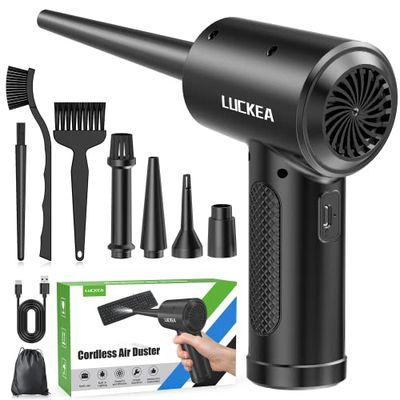 Aria Compressa Elettrico Rimuovi Polvere - 3 Velocità Air Duster Mini Soffiatore a Batteria 6000 mAh con 5 Ugelli e 3 Spazzole, Kit Pulizia PC, Alternativa allo Bomboletta Aria Compressa Spray