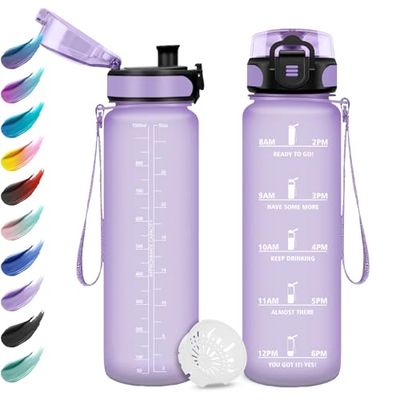Sportfles, 1 l, waterfles met tijdsweergave, motiverende waterfles met filter, lekvrij, gemakkelijk te reinigen, voor kantoor, yoga, fietsen, school