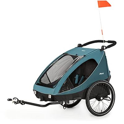 hauck 2-i-1-cykelvagn och sittvagn DRYK DUO / två barn / från 6 månader / snabb montering på cykeln / enkel ombyggnad / lufthjul bak / XL-förvaring / 2-i-1-skydd / vikbar / petrol