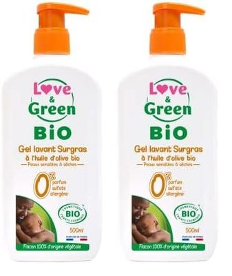 Love & Green - Gel Surgras sans Parfum sans Sulfate Bio 500 ml - Fabriqué en France (Lot de 2)