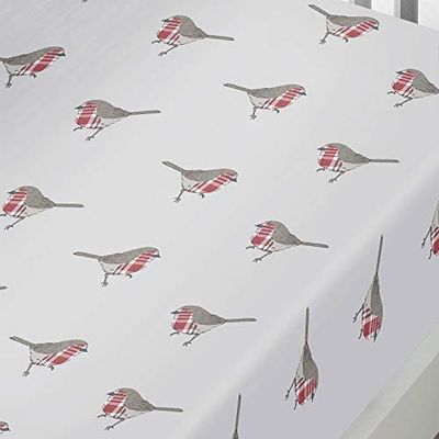 Fusion – Robin – Klassiskt Tartan ansikte och Robin Bird Omvänd påslakansset King - Fitted Sheet Vitt