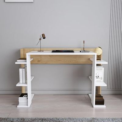 Stijlvol studiebureau, wit en oak, 122,7 x 77 x 45 cm, 100% melamine gecoat deeltjesbord, 18 mm dik, perfect voor modern thuiskantoor en studeerkamer