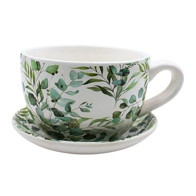 Dekohjälten24 blomkruka, växtkopp, planteringskruka, blomkruka, blomkruka, blomkruka. Ytterkruka som kopp med handtag av keramik, motiv: Ranka, L/B/H 20 x 15 x 12 cm.