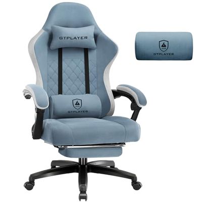 GTPLAYER Chaise de Gaming en Tissu avec Coussin à Ressorts ensachés, pivotante, Ergonomique, avec Repose-Pieds - Charge maximale : 150 kg - Bleu Clair
