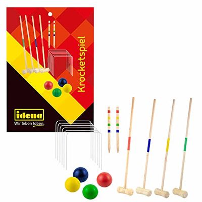 Idena 40609 – Krocket spel för barn, Croquet med racketar, bollar och målmarkeringsstavar av trä samt metallgrindar, inklusive bärnät