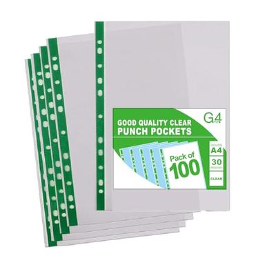 100 A4 Plastic Value Punched Punch Pockets 10-15 Sheets 30 Micron for Folders Filing Wallets Sleeves