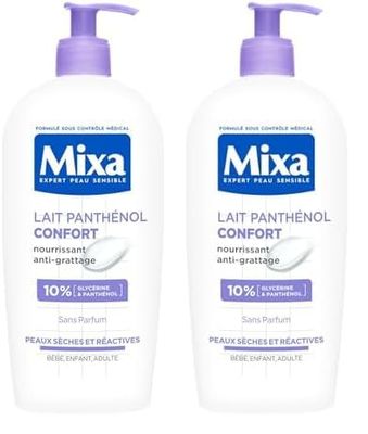 Mixa Expert Peau Sensible - Lait Panthénol Confort - Anti-Démangeaisons - Peaux Sèches et Réactives - Bébé, Enfant, Adulte Hypoallergénique - Sans Parfum - 250ml (Lot de 2)
