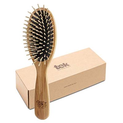 TEK - Spazzola Ovale Grande in Legno di Frassino, Handmade in Italy, con Dente Corto, Universale per Tutti i tipi di Capello - 22 x 6 cm