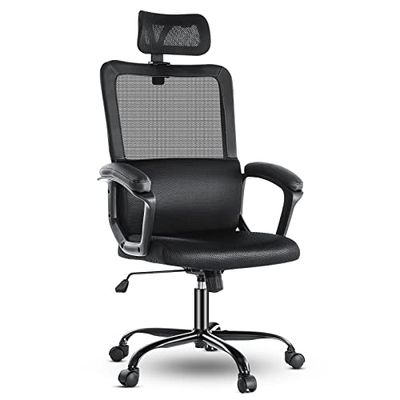 Sweetcrispy Bureaustoel met hoge rugleuning, ergonomische mesh-hoofdsteun en lendensteun, rol-in hoogte verstelbaar, studie, taakstoel, zwart, eenheidsmaat
