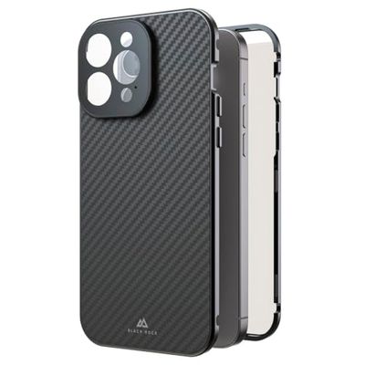 Black Rock Funda para iPhone 15 Pro Max (revestimiento de carbono, protección de cámara, marco de metal, protección completa de 360°, compatible con carga inalámbrica, ultrafina, delgada, imán, funda,