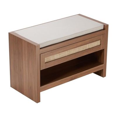 VEVOR Banco de Ratán para Zapatos de 786 x 374 x 500 mm, Banco con Cajón de Almacenamiento y Cojín de Lino, Banco Bohemio de Estilo Rústico con Ratán Tejido a Mano para Sala de Estar, Color Madera