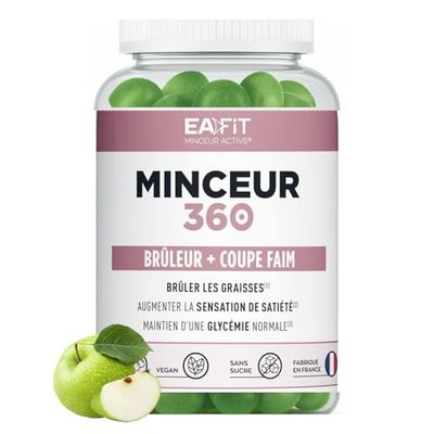 MINCEUR 360 Gummies EAFIT | Coupe faim et bruleur | Réduit les sensations de faim | Brûleur de graisses | Contient du Chrome, Nopal et Cola | Goût pomme sans sucre | 60 gummies | Fabriqué en France
