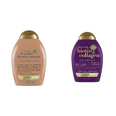 OGX Balsamo Lisciante, Cheratina brasiliana, per Capelli Crespi, Ricci o Mossi, 385 ml & Shampoo senza solfati e parabeni per la crescita dei capelli, biotina e collagene, 385 ml
