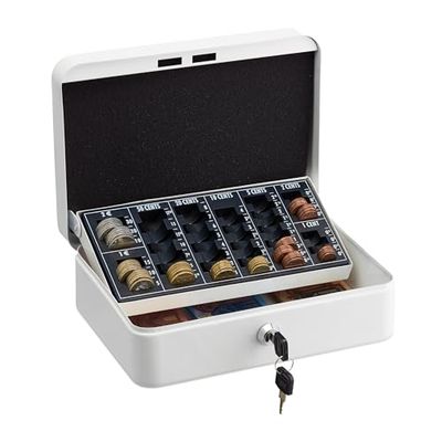 Relaxdays Caja de Dinero con Bandeja Contadora, Cerradura con Llaves, Hierro, 9x25x18 cm, para Efectivo, Blanco