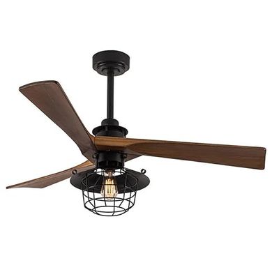 Zwarte ventilator met 4 vleugels van eiken, 6 snelheden, E27-fitting (zonder licht), 53/65,5 x 132 x 132 cm