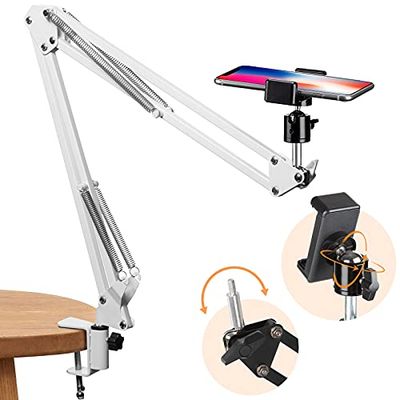 TARION Overhead Tripod Mount Articulating Arm Phone Holder Video Webcam Stand Lazy Arm Clamp Table Desktop Suspension Scissor Arm Stand (White)