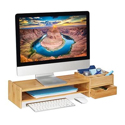 Relaxdays monitorverhoger bamboe, beeldschermstandaard voor bureau, HBD: 13 x 70 x 19 cm, lade & 7 vakken, natuur