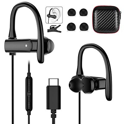 USB C-hoofdtelefoon voor Samsung A33 A53 S21 FE S20 FE S22, bekabelde sporthoofdtelefoon met microfoon type C Running oorhaak ruisonderdrukking hoofdtelefoon voor iPad Pro Pixel 6a Mi 11T Pro Oneplus