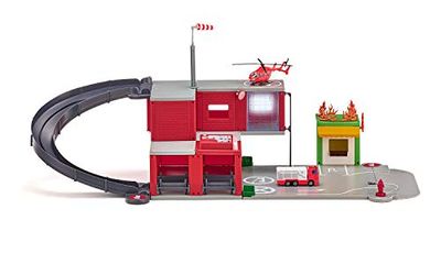 siku 5508, Caserne de Pompiers, Rouge, Avec jeu d'autocollants, Plastique de haute qualité, Avec effets sonores et lumineux, Voiture de pompier et hélicoptère inclus