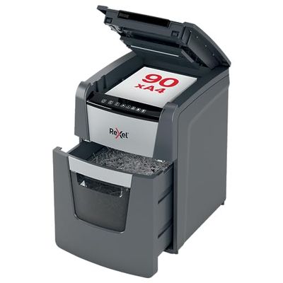 REXEL Optimum Auto Feed+ 90X, Distruggidocumenti Automatico, 90-99 Fogli (80-70 gr/mq), Taglio a Frammento, Livello di Sicurezza P-4, per la Casa e per l'Ufficio, Capacità 34 Litri, 2020090XEU