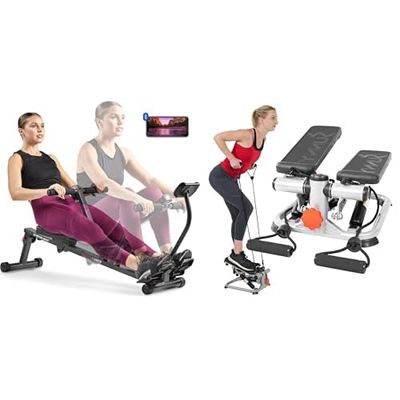 Sunny Health & Fitness Advanced Mini Home Steppers with Resistance Bands + Smart Compact Adjustable Rowing Machine, 12 Levels Adjustable Resistance