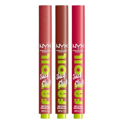 NYX Professional Makeup Fat Oil Slick Click Trio, Shiny Lip Balm, 12-Hour Hydration, Lightweight, Vegan, 3 Piece Set