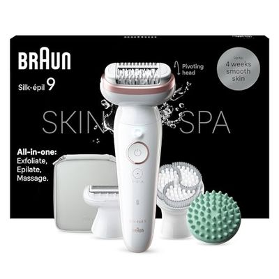 Braun Silk-épil 9 SkinSpa Epilatore Elettrico Donna Con Testina Flessibile Per Una Epilazione Semplice, Wet & Dry, Pelle Liscia a Lungo, Idea Regalo, 9-080, Bianco/Rosa