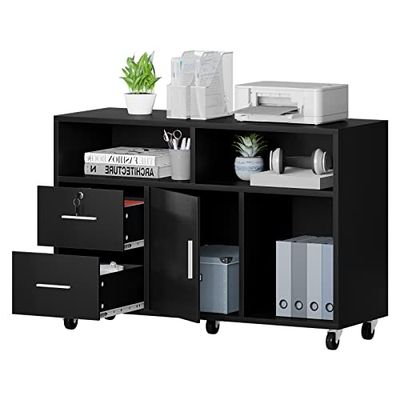 YITAHOME Mobiele archiefkast met 2 laden, rollende archiefkast voor thuiskantoor, houten opbergkast voor A4, briefformaat documenten, printertafel met open compartimenten, slot en wielen, zwart