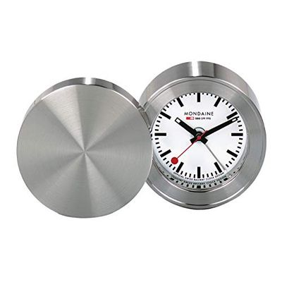 Mondaine - Wekker MSM.64410 - Tafelklok 50mm - Officiële Zwitserse Spoorwegen Klok Geborsteld Metalen Behuizing Handen zichtbaar in het donker Rood Tweedehands, Zilver, riem