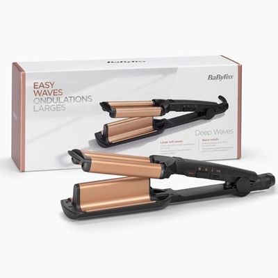 BaByliss Deep Waves Krultang – Keramische Coating, Ionische Technologie, 3 Temperatuurinstellingen (160°C-200°C), Pluisvrije Zeemeermin & Beach Waves, Snelle Opwarming – Zwart & Goud, W2447E