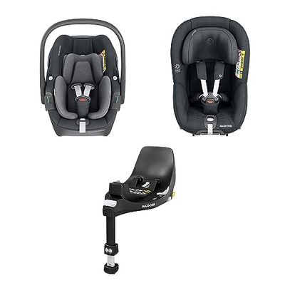 Maxi-Cosi pack avec base FamilyFix 360 i-Size, siège auto bébé Pebble 360 i-Size, siège auto enfant Pearl 360 i-Size - Rotation FlexiSpin, installation Click & Go, 0-4 ans, 40-105 cm, Graphite