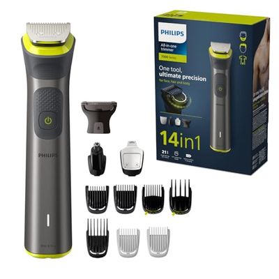 Rifinitore All-in-One Philips serie 7000, Multigroom 14 in 1 per viso, testa e corpo, 21 impostazioni di lunghezza (0,5-16 mm). Un unico strumento, massima precisione (modello MG7930/15)