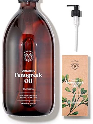 EKOLOGISK FENUGREEK OLJA | Oljeutdrag av Bockhornsklöverfrön & Solrosolja | Kropp, Byst, Rumpa, Hår, Naglar | Vegan & Cruelty Free | Glasflaska + Pump (200ml)