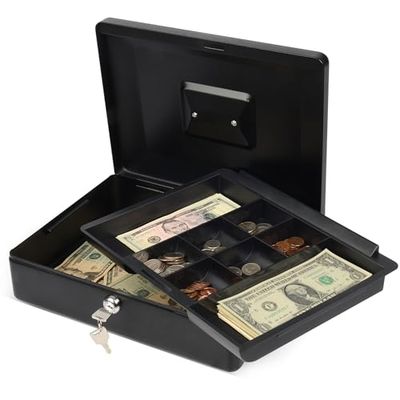 CARL Caja grande de metal con caja de dinero, caja de seguridad, color negro